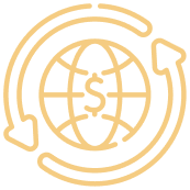 Icon of a globe with a dollar sign in its center and arrows going around it