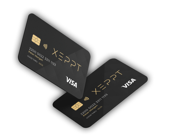 Two sleek black XEPPT Visa cards with gold chip and detailing, shown at an angle to highlight modern, secure card design.