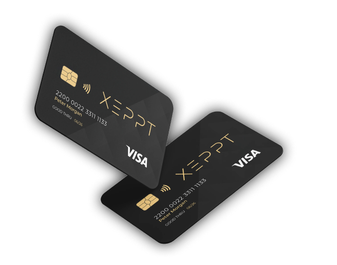 Two sleek black XEPPT Visa cards with gold chip and detailing, shown at an angle to highlight modern, secure card design.
